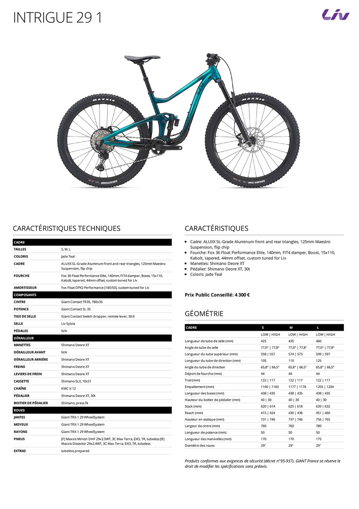 Fiche technique du velo Intrigue 29 1 année 2021